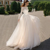 elegant o neck wedding gown lace appliques beach backless bride dress lace up fashion full sleeve with tank vestido de noiva
