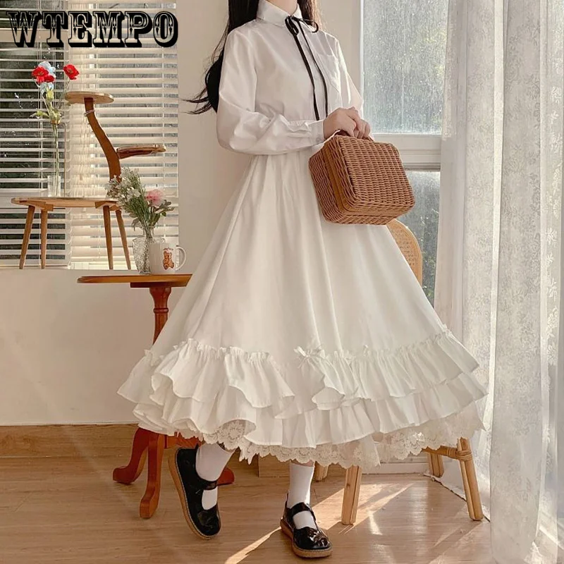 

Japanese Solid Color Double Layer Vintage French Ruffled A-line Skirt Hepburn Style Black White Half Skirt Female Long Skirts