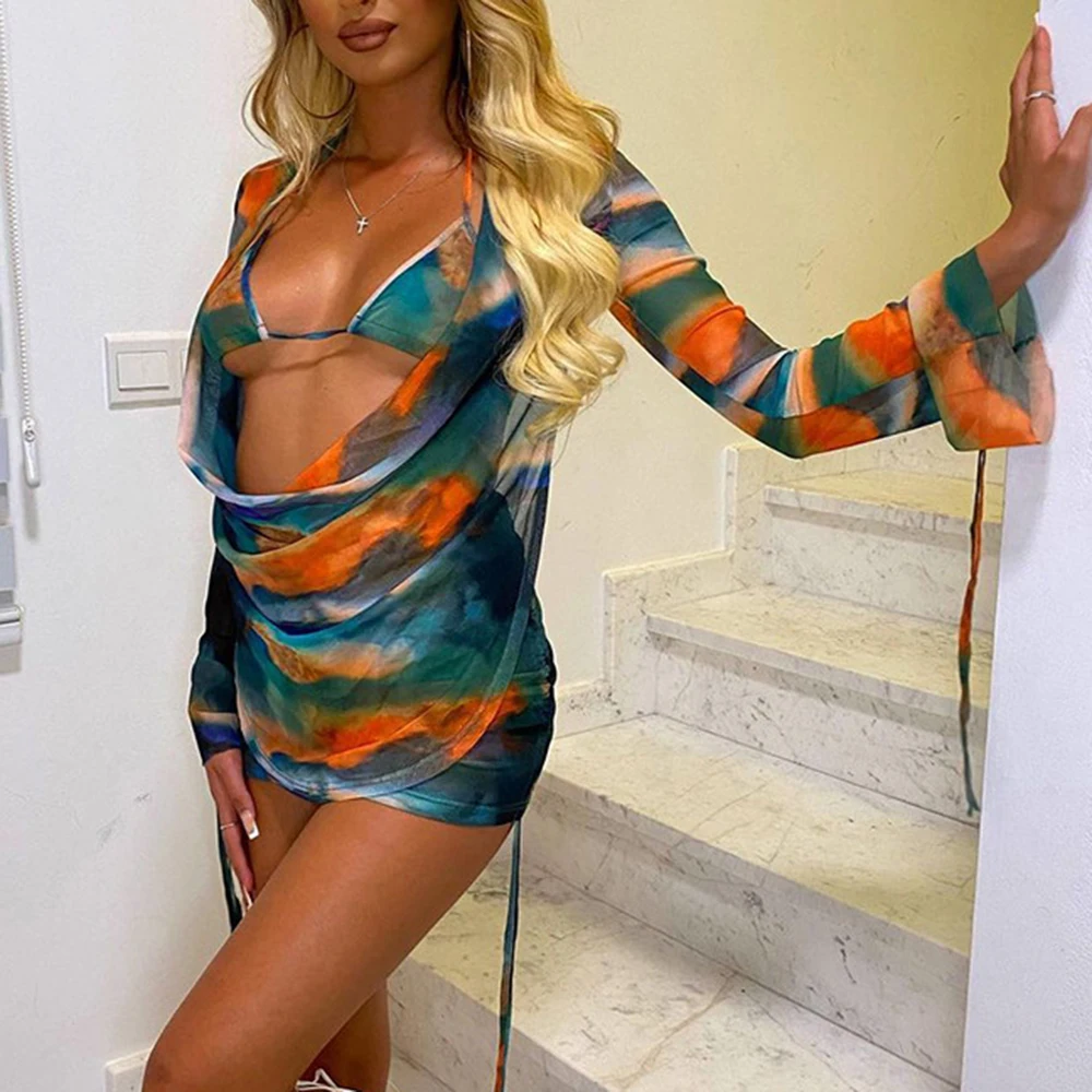 

Летний сетчатый комплект бикини, праздничная пляжная одежда, пикантная Женская одежда, топ с глубоким V-образным вырезом и принтом на завязках и юбка-карандаш