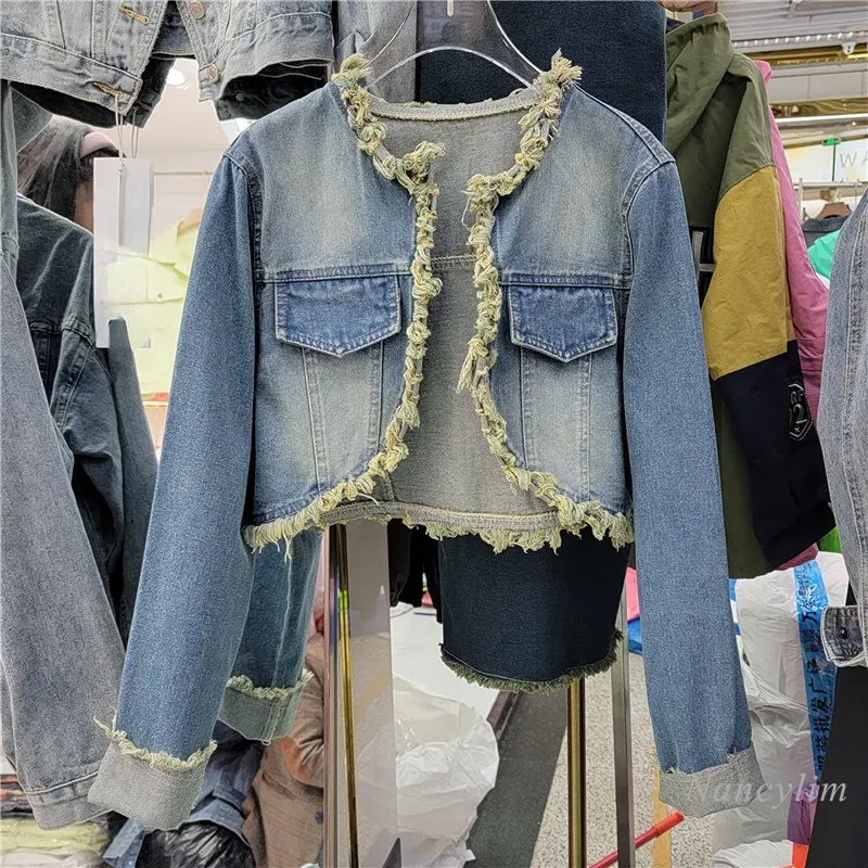 

Cropped Washed Frayed Hem Denim Jacket for Women 2023 Spring Retro Outer Wear Small Short Top High Waist Denim Coats