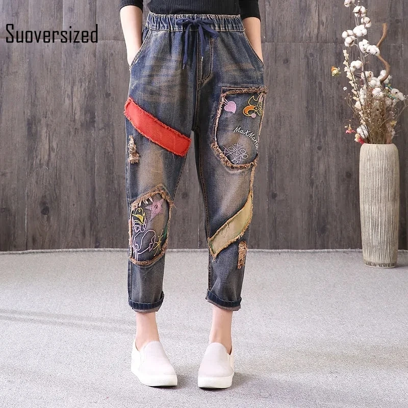 

Spliced Embroidery Baggy Jeans Women Vintage Do Old Oversized 5xl Casual Capris Denim Pants Korean Streetwear Cowboy Trouser