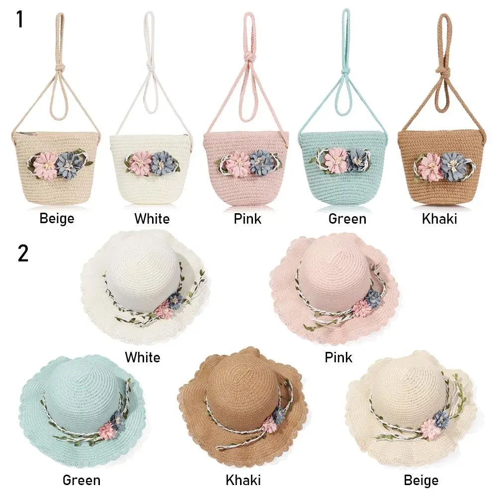 

Cute Toddler Baby Straw Weaving Travel Shoulder Bag Flower Sunshade Caps Girls Summer Hat Wide Brim Hats