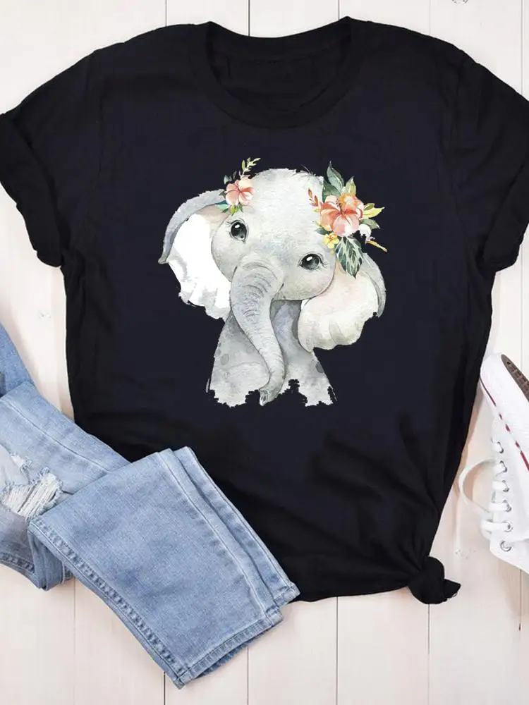 

Футболка женская с коротким рукавом, модная повседневная черная одежда с графическим принтом слона, с мультяшным принтом Love, летняя одежда