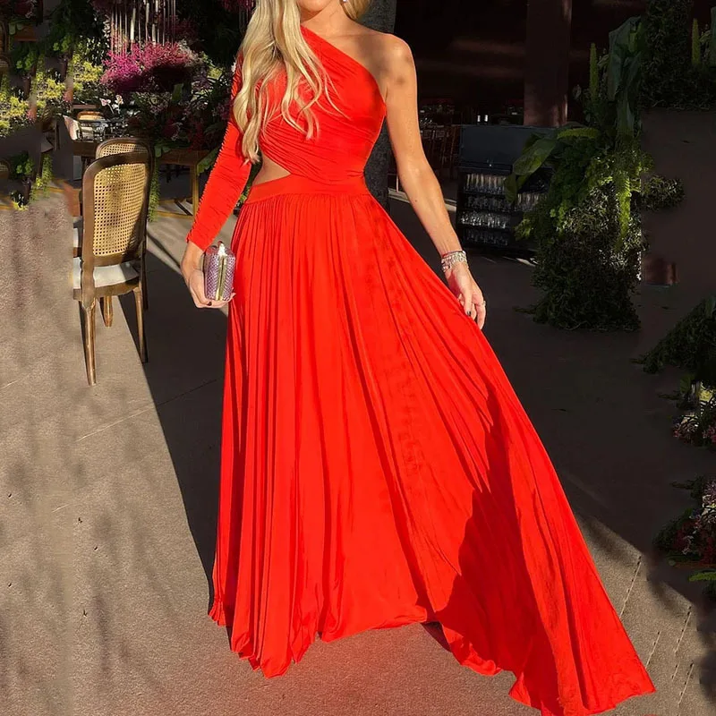 

Independent European and American women's summer fashion new one-shoulder long-sleeved bare waist solid color long dress