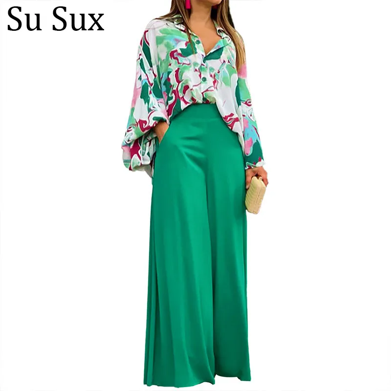 

Autumn Women's Wide Pants Suits Tracksuit Casual Loose Print Blouse Shirt and High Waist Trousers Outfits Female 2 Piece Set