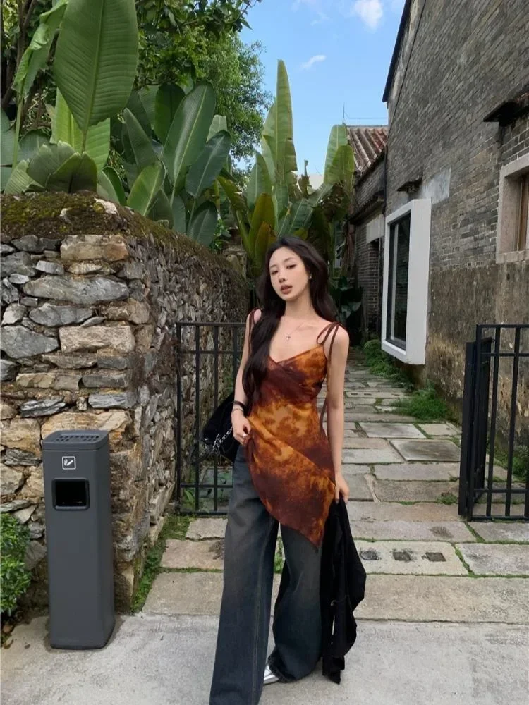 Американский ретро-майка с принтом тай-дай жилет v-образным вырезом для женщин Y2k