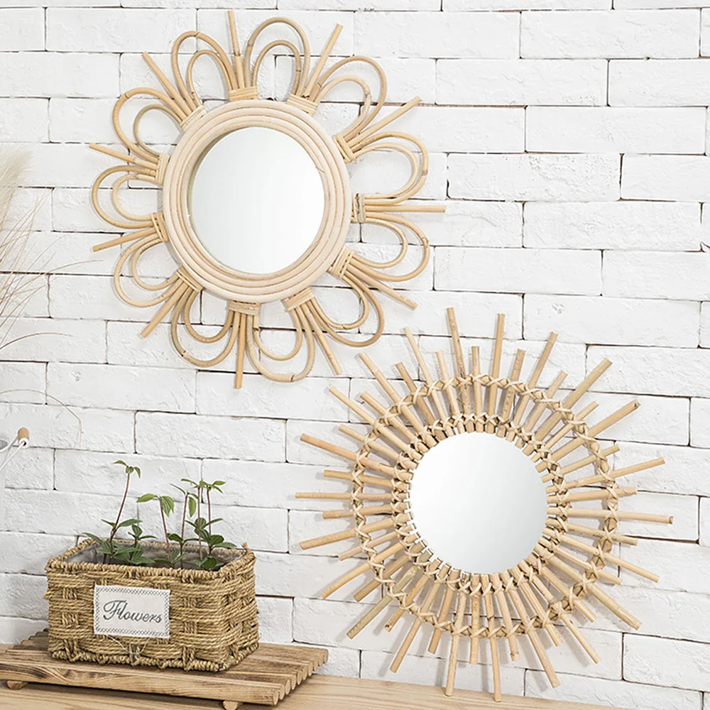 

Hand Woven Rattan Dressing Mirror Round Makeup Mirror Bedroom Bathroom Wall Hanging Mirrors Innovative Art Decoration
