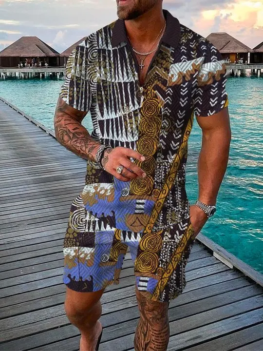 

Мужская рубашка-поло с коротким рукавом и шорты, спортивная одежда, Модный повседневный мужской спортивный костюм из 2 предметов в полоску и...