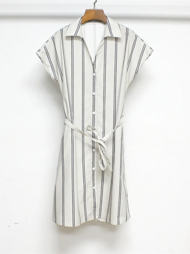 Female A-Line Turn-Down Collar Short Sleeve Short Robe with Belt 2023 Summer New Women's Vertical Stripe Single Breasted Dress