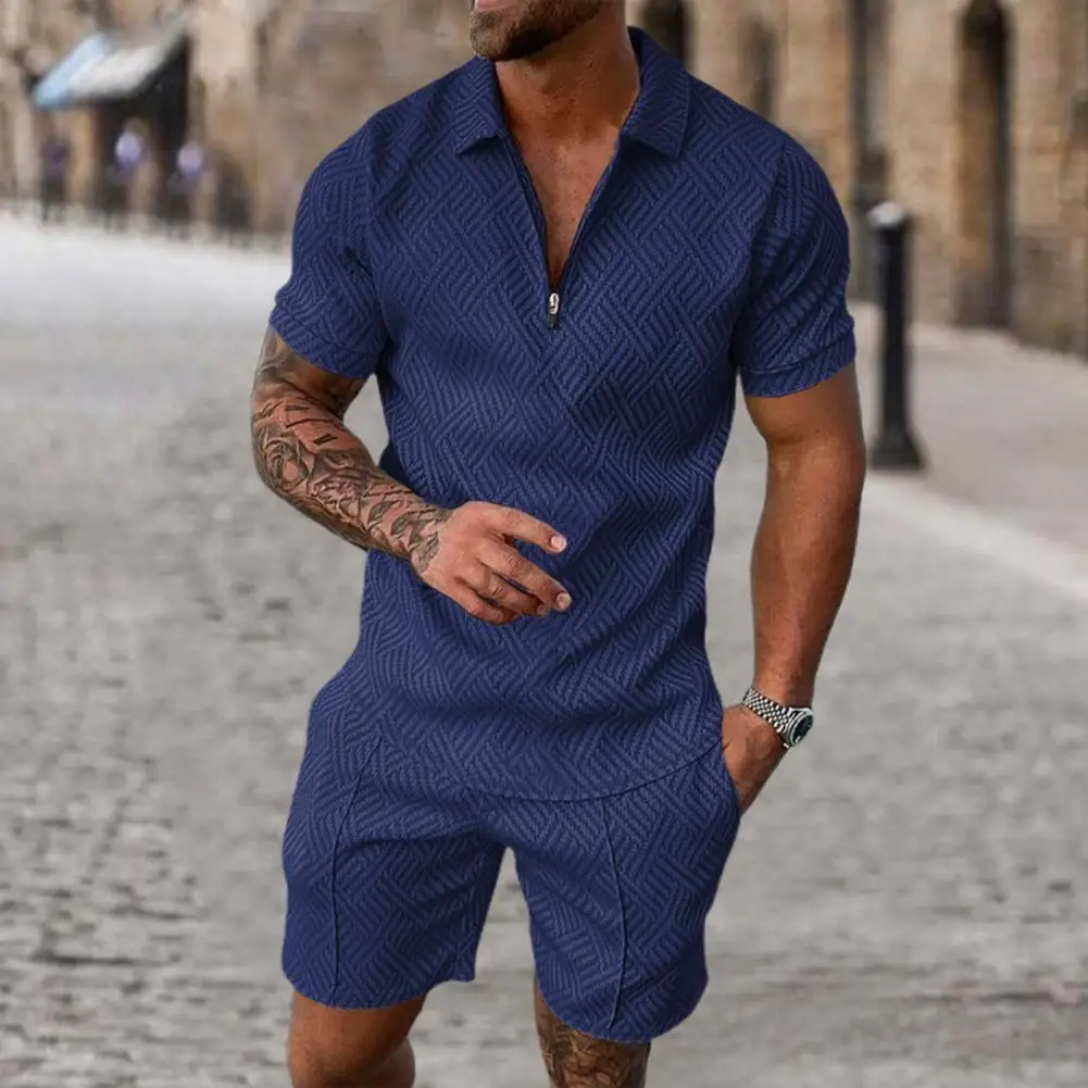 Fashion Handsome Short Pants Elastic Waist Print Men Tops Shorts Set Zip Up Men Tops Shorts Set Male Clothing