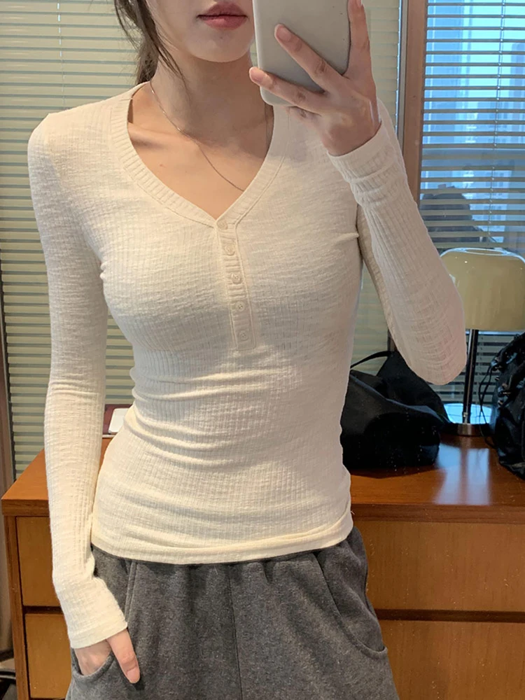 Корейская серия с плечами и v-образным вырезом нижняя рубашка длинными рукавами