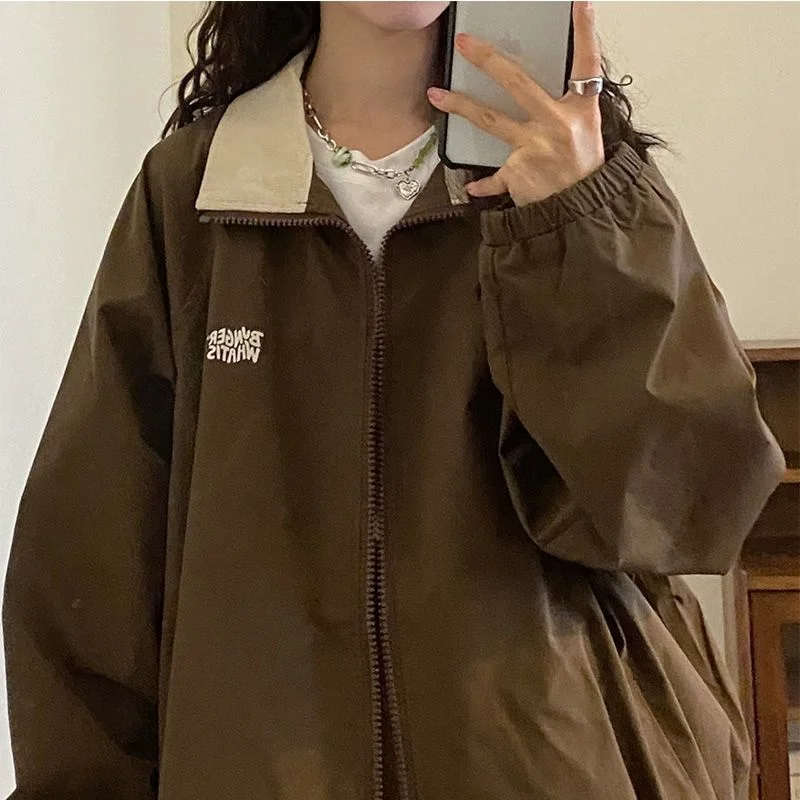 

Deeptown Harajuku Vintage Brown Cargo Bomber Jackets Women Y2k Streetwear 90s Patchwork Baseball Jacket Korean Oversize Zip Coat