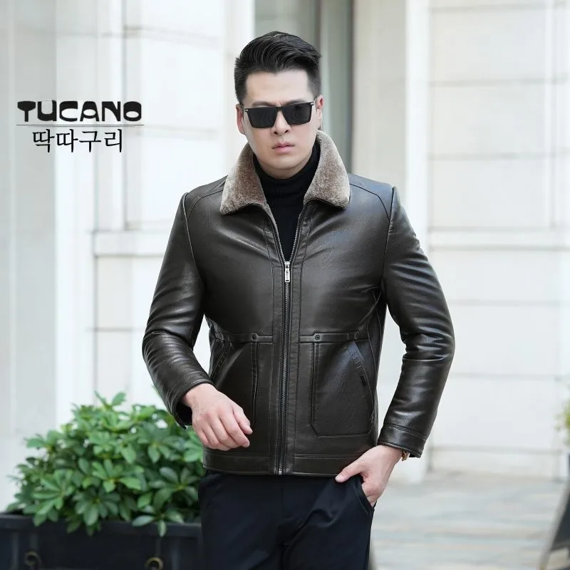 Утолщенное кожаное пальто на флисовой подкладке Дятел мужская очень большая