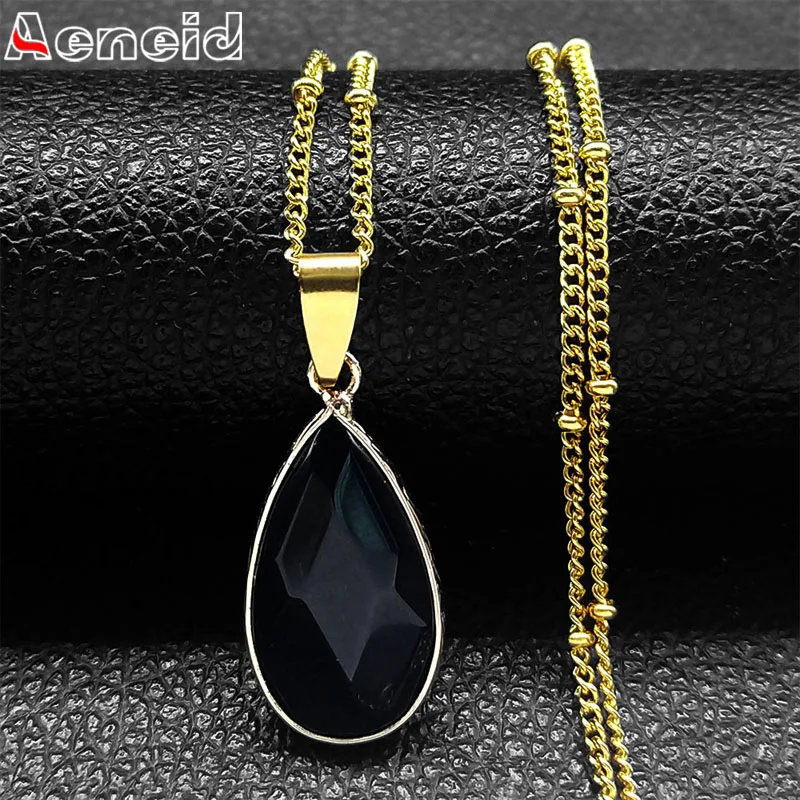 

Vintage Black Obsidian Water Drop Pendants Necklace Natural Stone Choker Fashion Quartz Crystal Stainless Steel Necklace Jewelry