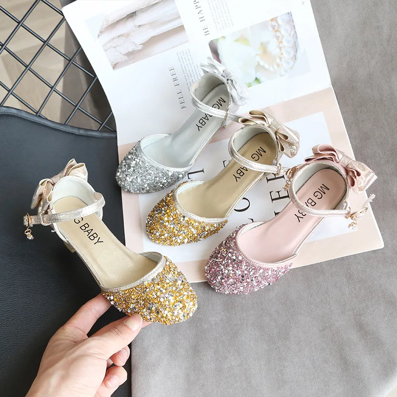 

Sandal for Girl Child Fashion High Heels Kids Leather Shoes Round Toe Spring Summer Princess Party Shoes Casual Bow Footwears