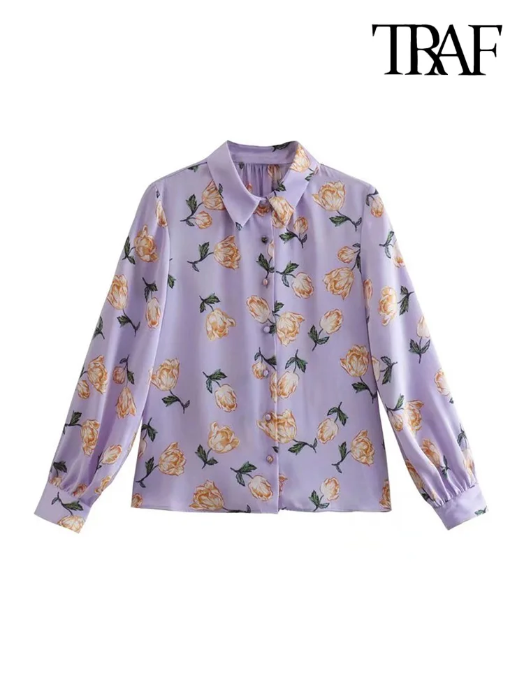 

TRAF Women Fashion Printed Cozy Shirts Vintage Long Sleeve Front Covered Buttons Female Blouses Blusas Chic Tops