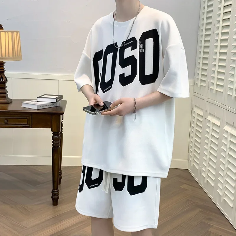 Casual Men's Ice Silk Suit Short Sleeve Loose Fit Trendy Brand Sporty Shorts One Set Fashionable Cool Guy Outfits |