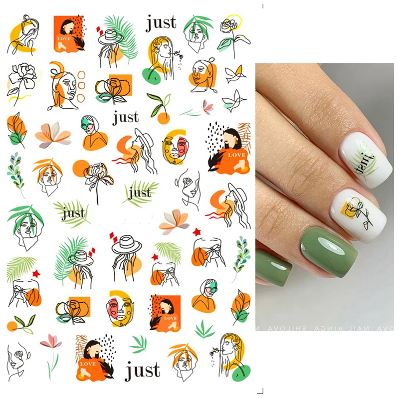 

Back Glue Stickers Green Palms Leaves Hand Drawing Ladies Nail Decals Decoration For Nail Art Manicure Beauty