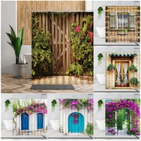 garden shower curtain set for bathroom decor flower green plant wooden fence printing bath accessories backdrop fabric curtains