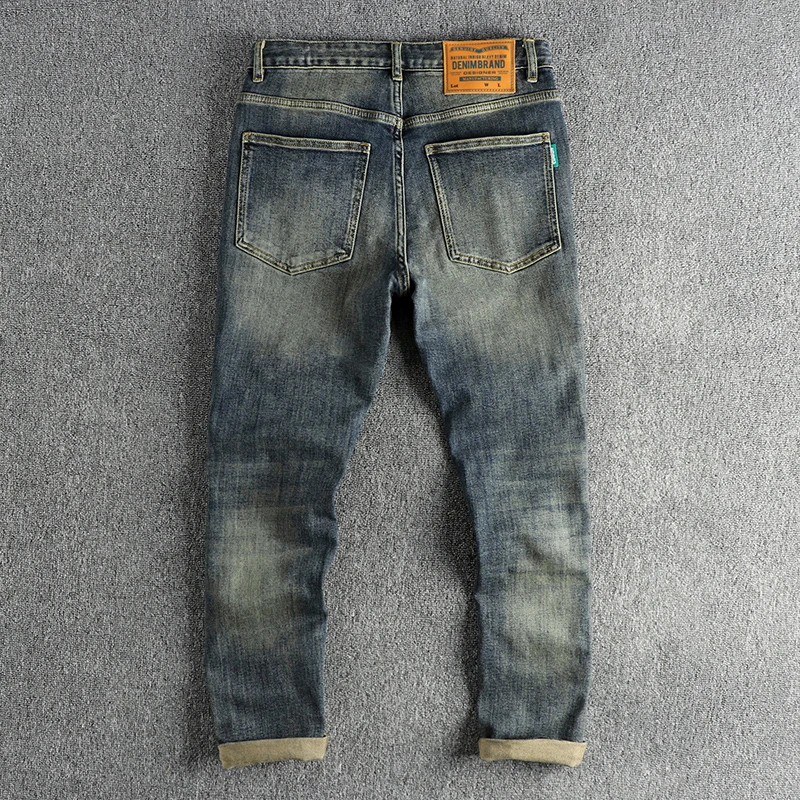 Уличные тяжелые винтажные синие водные моющиеся старые джинсы мужские подходят