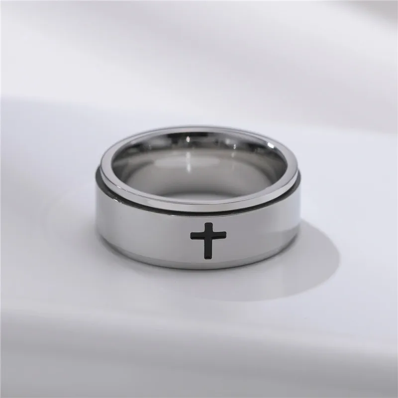 LETAPI New Punk Vintage Black Silver Color Stainless Steel Christ Jesus Religion Spinner Cross Ring for Men Women Jewelry Gifts - купить по