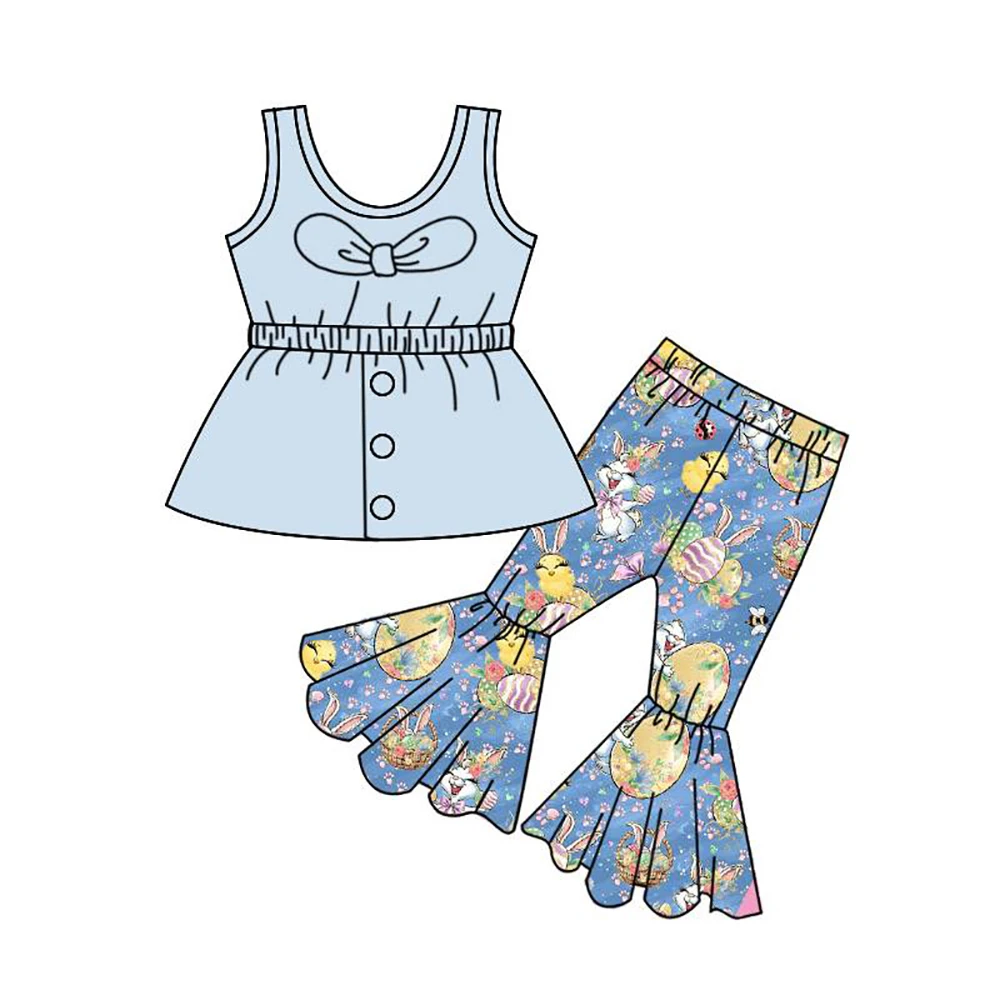 

Новинка наряды пасхальные яйца кролики голубой цветочный бант для девочек без рукавов Топ с колокольчиком нижние брюки наборы