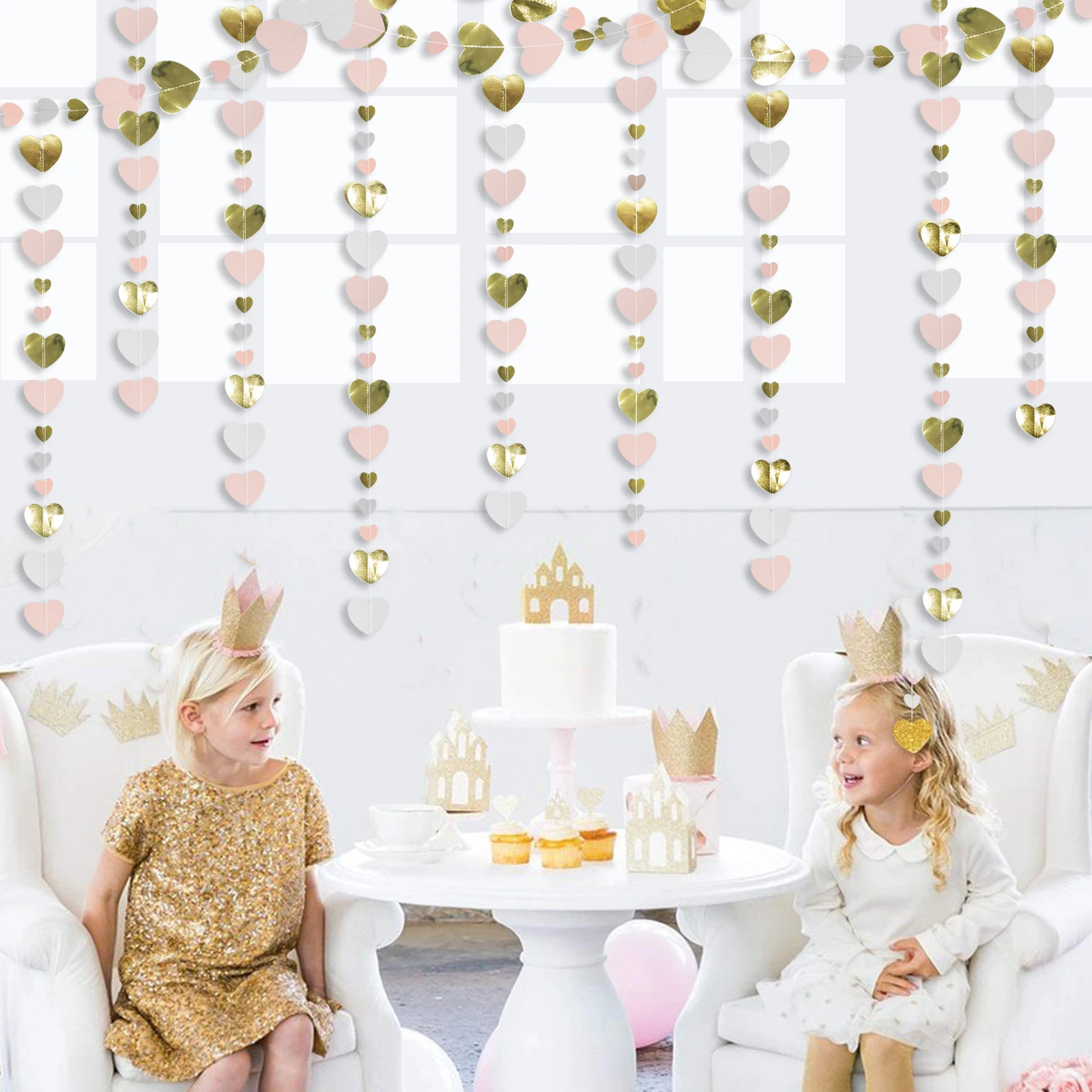 

4M Gold Pink White Girls Birthday Party Decorations Large Small Love Heart Garlands Hanging Streamer Banners Bridal Shower Decor