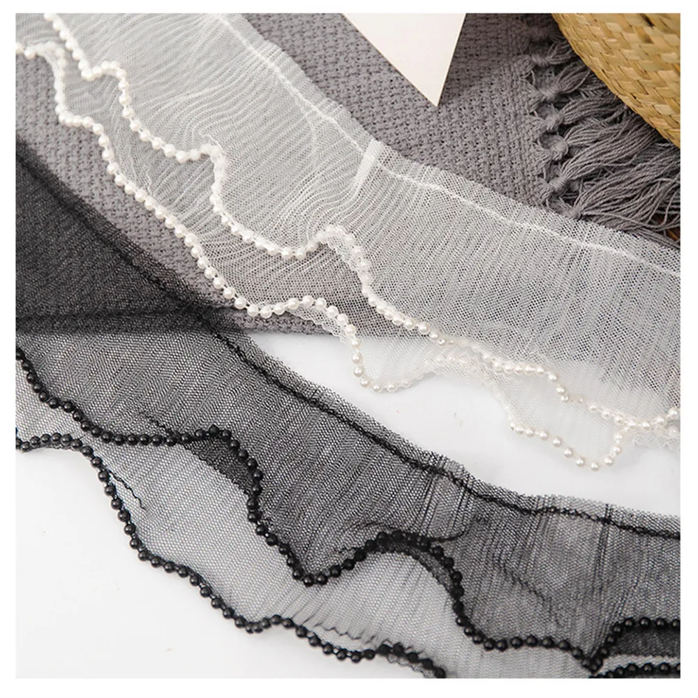 

1Yards New Embroidery White Flower Beads Tulle Lace Fabric Trim Ribbon Wide 9CM Laces DIY Sewing Ruffle Applique Collar Dresses