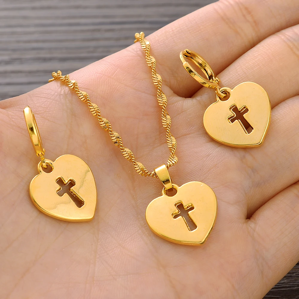 

Christian Virgin Mary Gold Plated Africa Heart Necklace pendant Earrings Wedding Birthday Party Jewelry Sets For Women Girl Gift