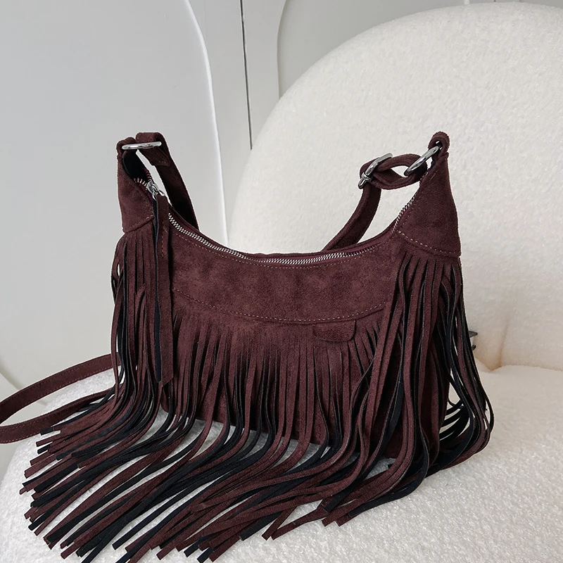 

Punk Style Suede Tassel Small Crossbody Bags for Women 2022 Winter Designer Party Shoulder Side Bag Lady Handbags and Purses