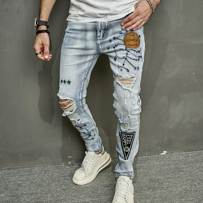 

Fashion Embroidery Ripped Slim Stretch Jeans Men's Personality Patch Washed Distressed Pencil Pants Street Youth Denim Trousers