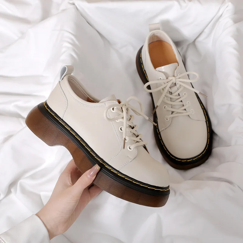 Thick Bottom British Style Small Leather Shoes Women 21 New Casual Round Toe Single Shoes Beef Tendon Bottom short Shoes Women