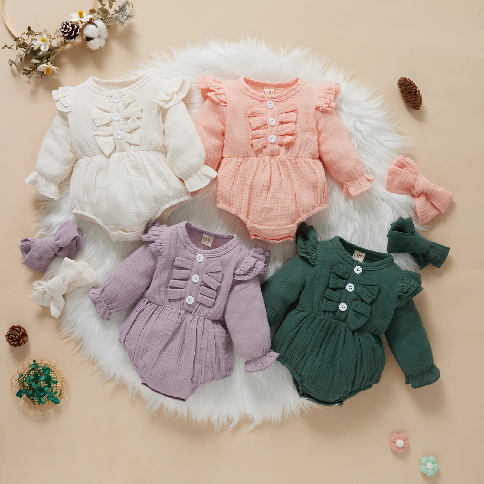 

SUNSIOM Newborn Baby Romper Infant Girls Cotton Linen Solid Color Round Collar Long Sleeve Rompers+Bow Knot Headdress 2pcs