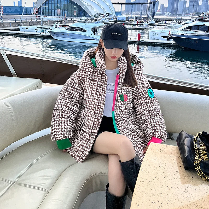 

New Winter Woman Cotton Jacket Hooded Thousand Bird Check Color Contrast Loose Woman Short Down Cotton Jacket Cotton Jackets