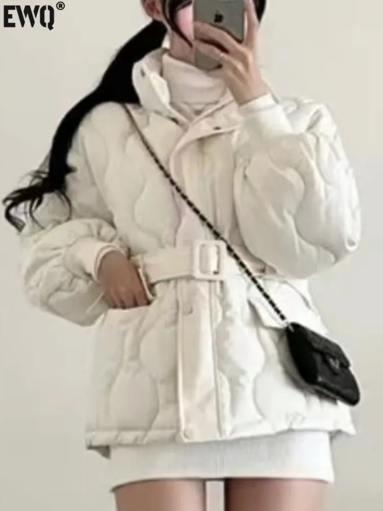 

[EWQ] Stand Collar Quilted Wave Embossed Cotton Padded Coat Lace Up Slim Zipper Single Breasted Jackets 2023 Autumn Winter U6792