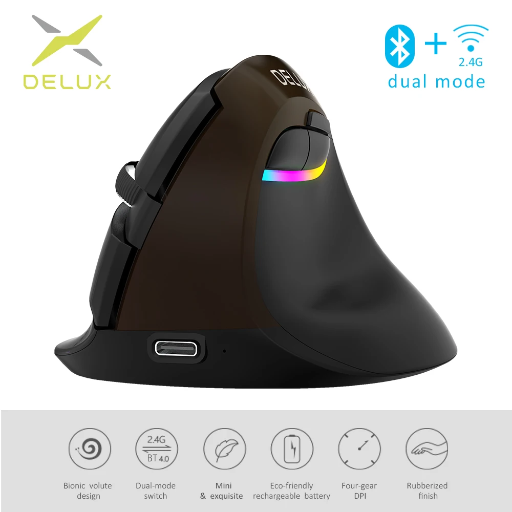 

Delux M618 Mini Jet Black Wireless Mouse BT 4.0+2.4GHz dual mode Rechargeable Silent click Vertical Mice For PC