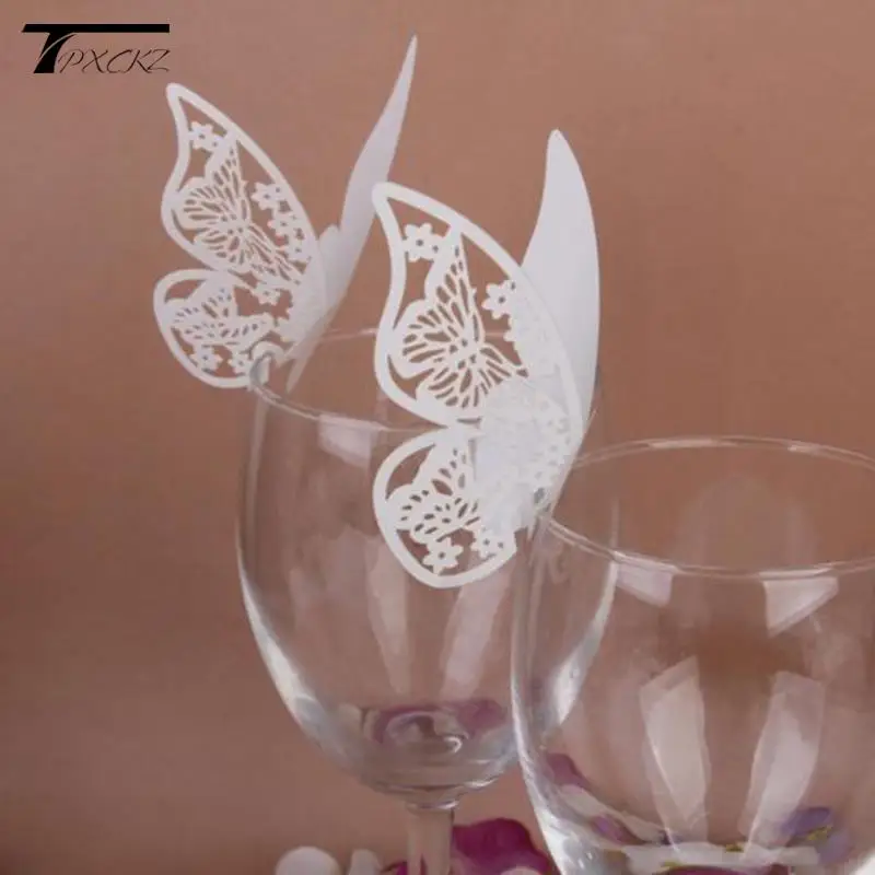 

50pcs White Purple Red Pink Shiny Butterfly Name Cards Seat Place Card Wine Glass Cup Paper Card For Wedding Party Decor