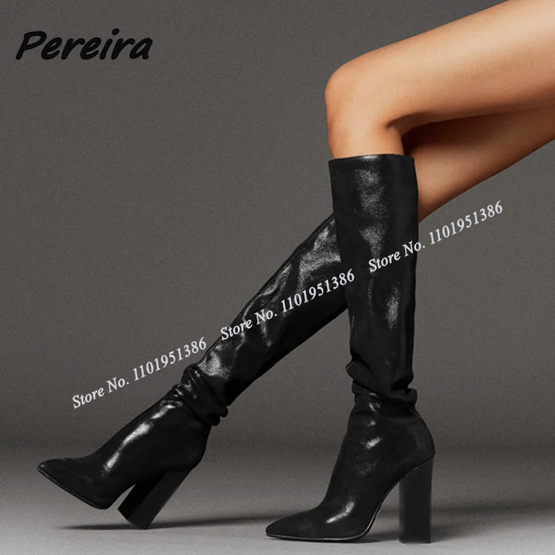 Pereira Black Chunky Heel Slip on Boots New Knee High Cover Toe Square Heel Stiletto Shoes for Women High Heel Zapatillas Mujer