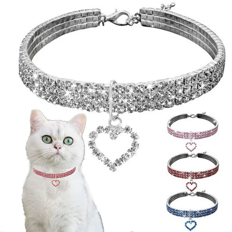 

Pendants Kitten Necklace Collars Cat Elastic Jewelry Pet Party Love Products Three Rows Heart Blingbling Puppy Crystal Cat