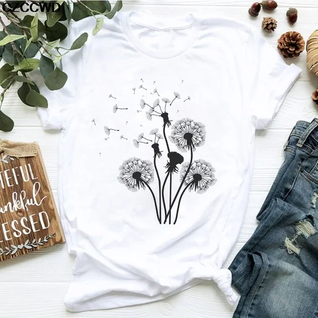 

Harajuku Women Tshirt Down Wildflower Dandelion Print Fashio Women T-shirt Casual Short Sleeve Female Tops Tee Cute Graphic Tees