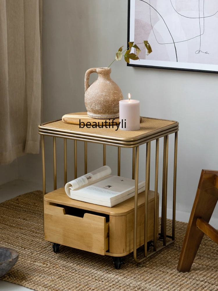 

zqJapanese-Style Retro Rattan Bedside Table Bedroom Side Cabinet Modern Minimalist Storage Cabinet with Wheels