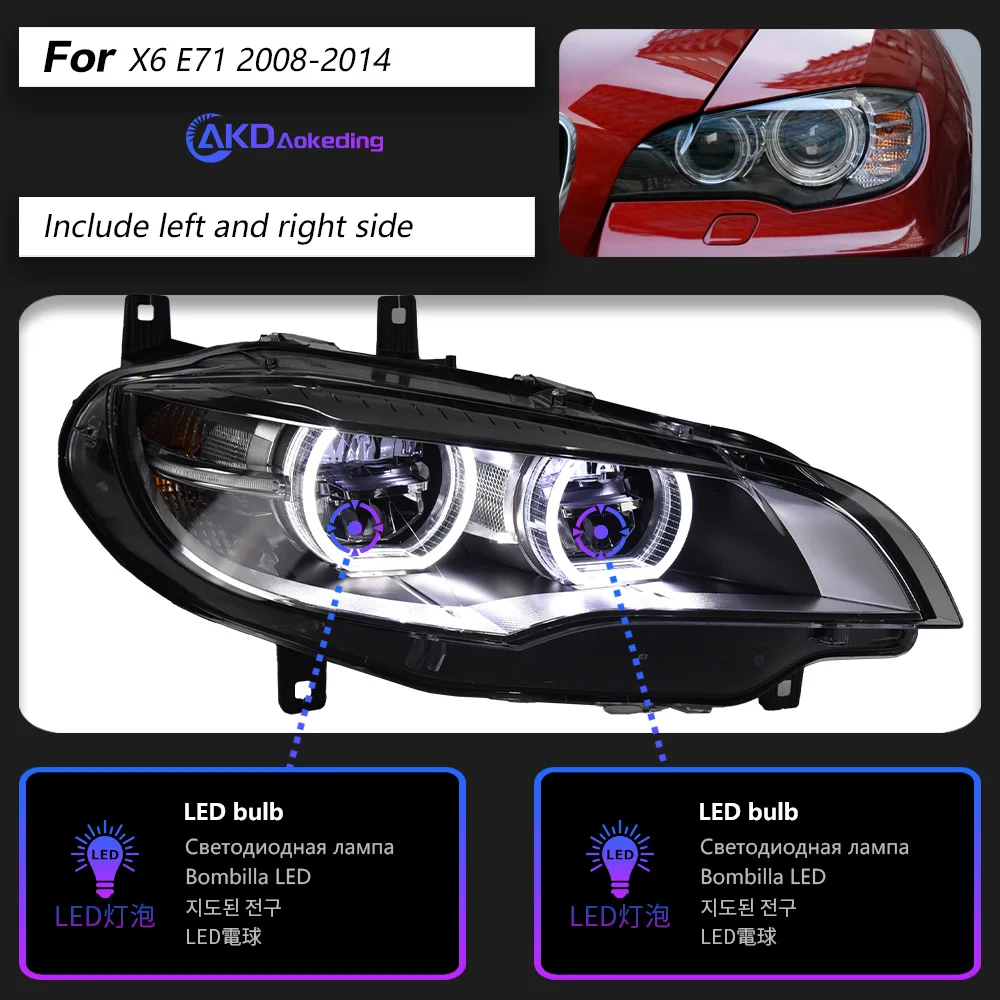 

AKD Модель автомобиля Фара для BMW X6 E71 Фара 207-2013 x6 Светодиодная фара DRL Указатель поворота Дальнего света Объектив проектора Angel Eye