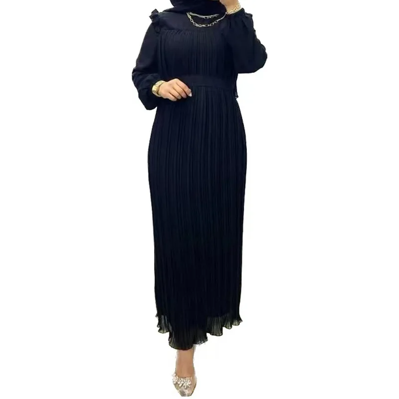 Autumn Winter Muslim Casual Dress Pleats Ruffles Long Sleeves Solid Elegant Middle East Caftan Marocain Femme Dubai Gowns