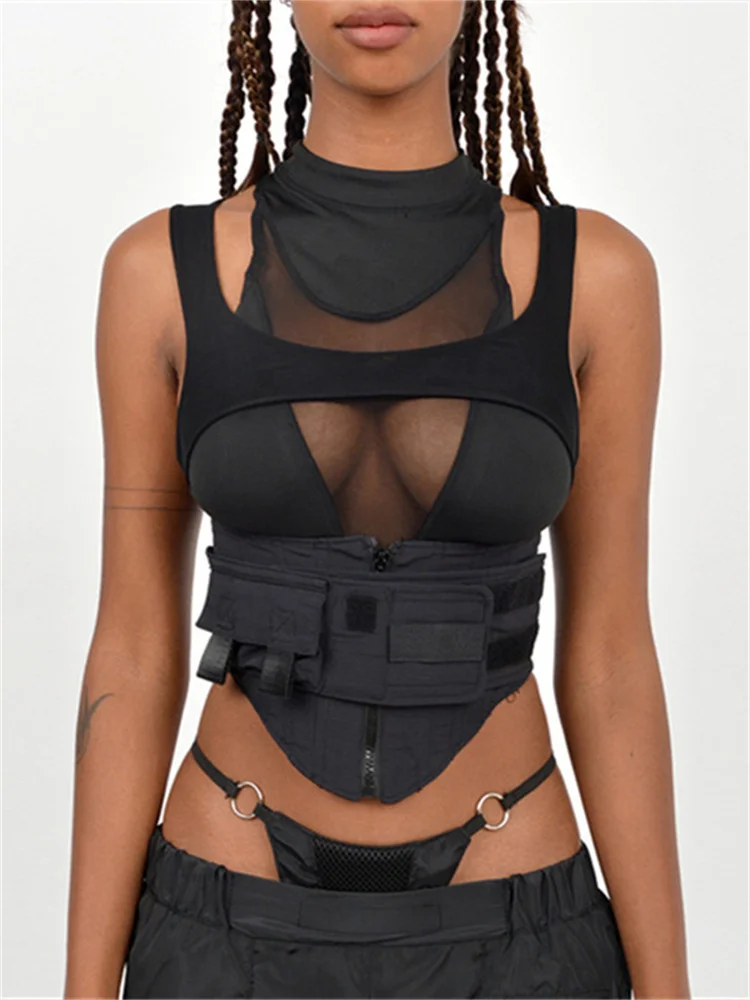 

hirigin Sexy Women Camis Party Streetwear 2022 Summer Solid Front Zipper Round Neck Mesh Stitching Casual Mini Vest Crop Tops