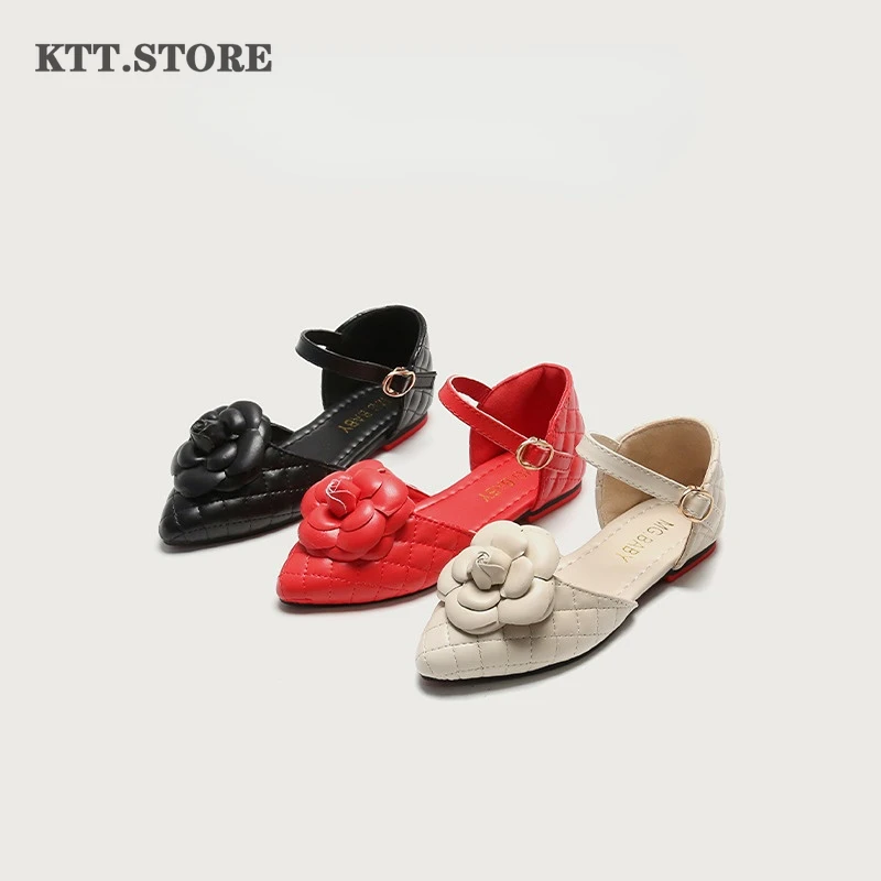 

Flower Shallow Sandals for Girls Summer Children Shoes Pointed Toe Leather Shoes Young Girls Toe Covered Sandals for 7 Years Old