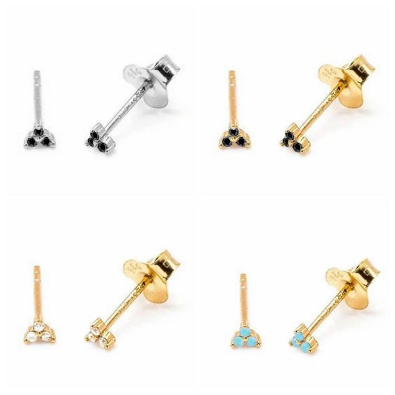 

MC 925 Sterling Silver Earrings Turquoise Black White Zircon Piercing Ear Studs Sweet Cute Lovly Girly Exquisite Trinket Aretes