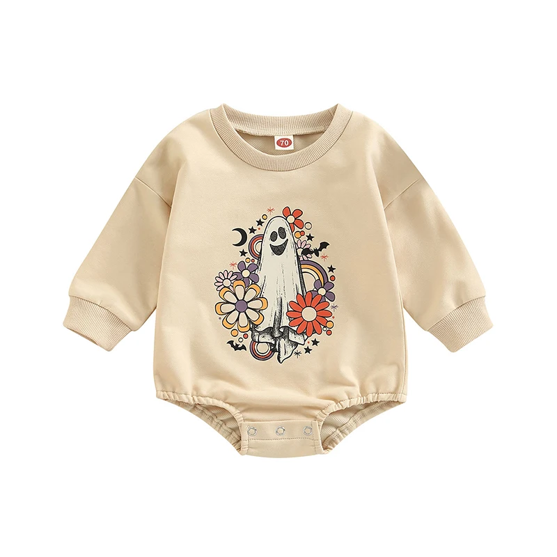 

Baby Girl Boy Halloween Bodysuits Ghost Print Crew Neck Long Sleeve Sweatshirt Jumpsuit for Toddlers 0-24 Months