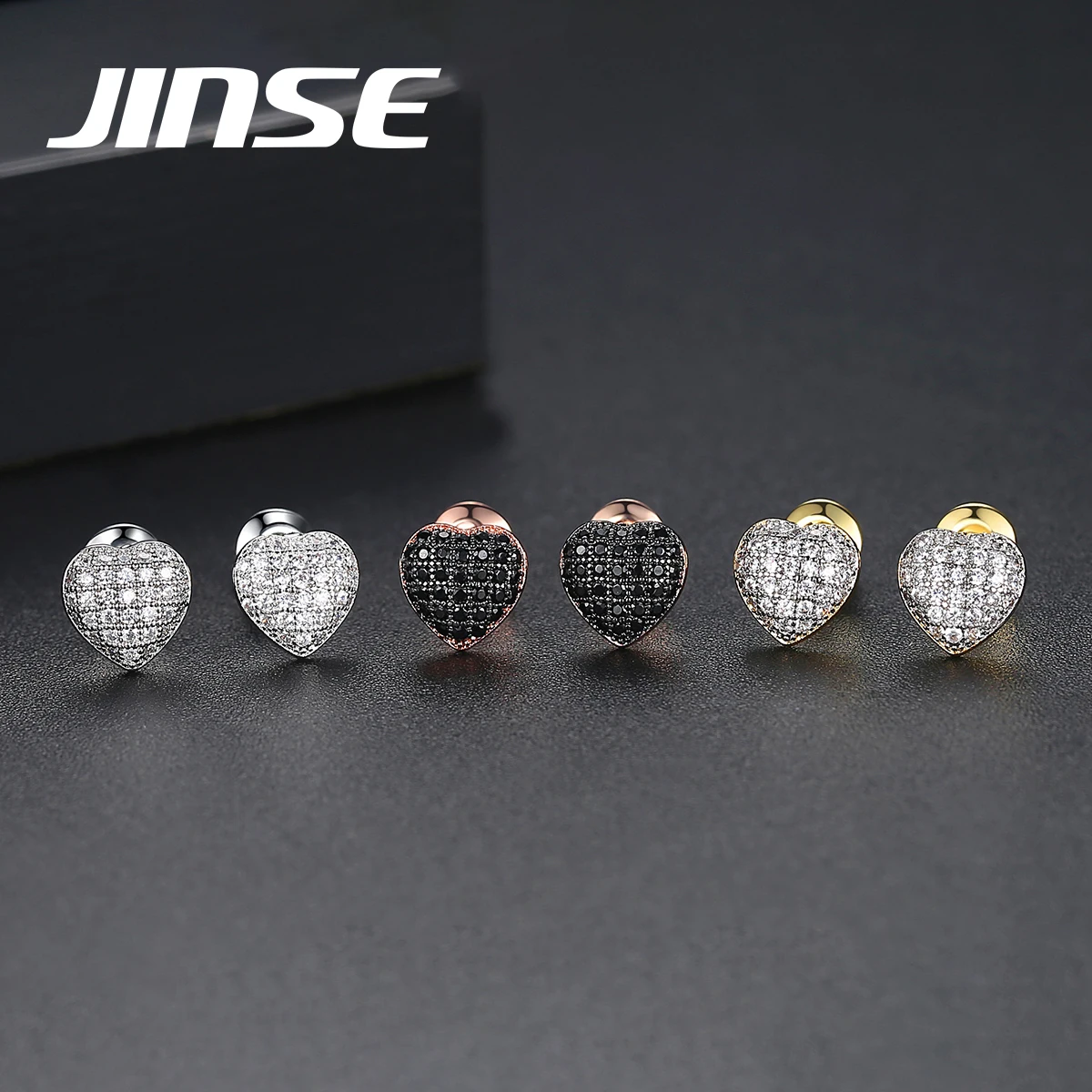 

JINSE Hip Hop Black Heart Stud Earrings for Women Luxury Men Punk Iced Out Zircon Vintage Stud Earring Piercing Retro Jewelry