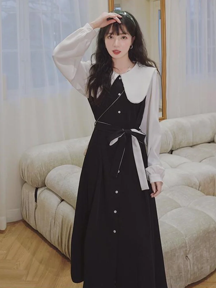 

Women Patchwork Dresses A-line Longh Sleeve Turn-down Neck Single Breasted Fashion 2022 Summer Female Clothing B244