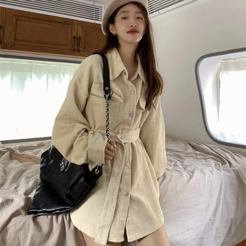 

Новинка осени 2022, рубашка свободного кроя, Вельветовая рубашка с длинным рукавом и ремнем средней длины, бесплатная доставка